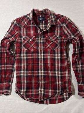 American Eagle Outfitters Men’s Red Plaid Button-Down Western Shirt Snaps